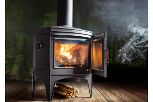 Wood burning stove with open door and smoke leaking into the room