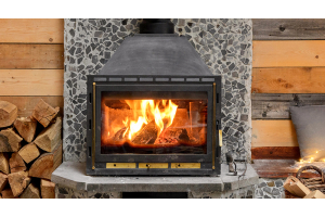 Wood burning stove with blackened glass