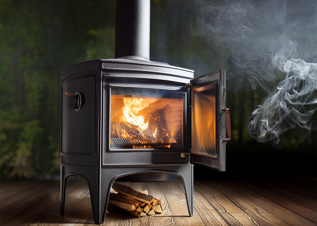 Wood burning stove with open door and smoke leaking into the room